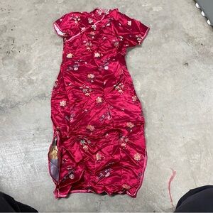 Red Sheath Dress with  Sleeves and Mandarin Collar